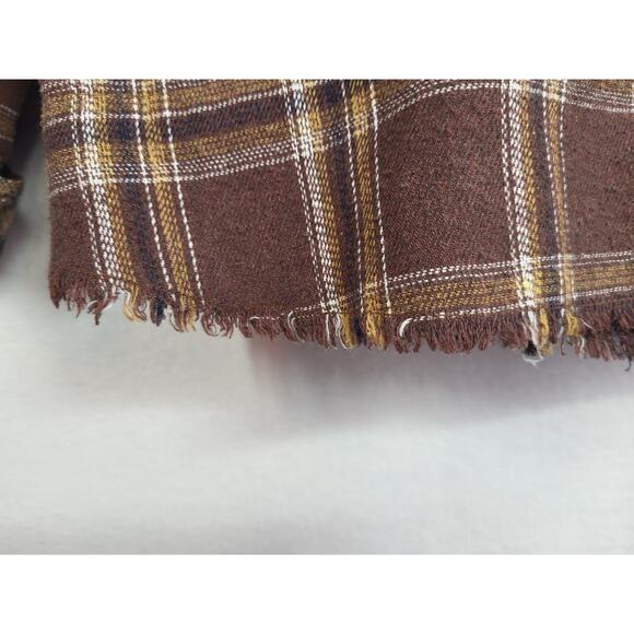 Democracy Women’s Plaid Flannel Shacket Brown L Relaxed Fit Raw Hem Preppy Cozy - Picture 7 of 12